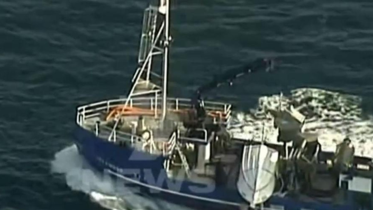 Commercial fishing vessel Delamere has recovered the capsized hull and is transporting it back to the coast. Picture: 7NEWS