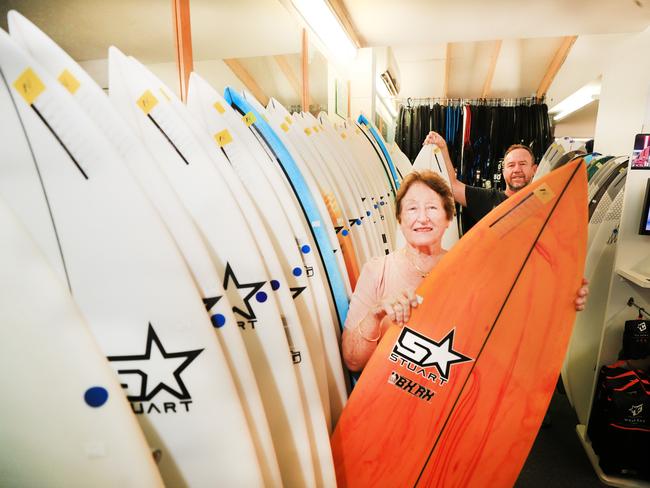 Lyn Smith and son Stuart at Stuart Surf Design in Broadbeach. Picture: Scott Powick.