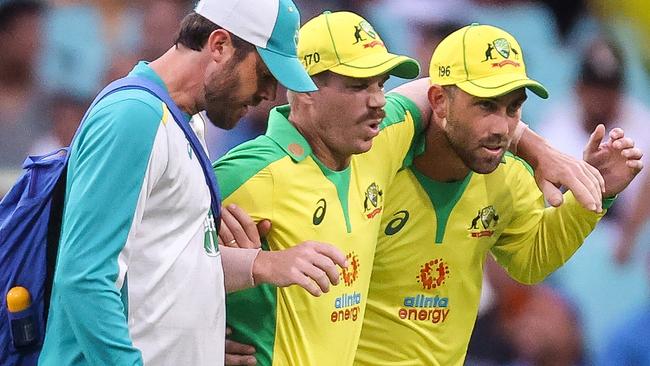 David Warner (centre) had to be helped form the field when he hurt his groin while fielding on November 29. Picture: David Gray/ AFP