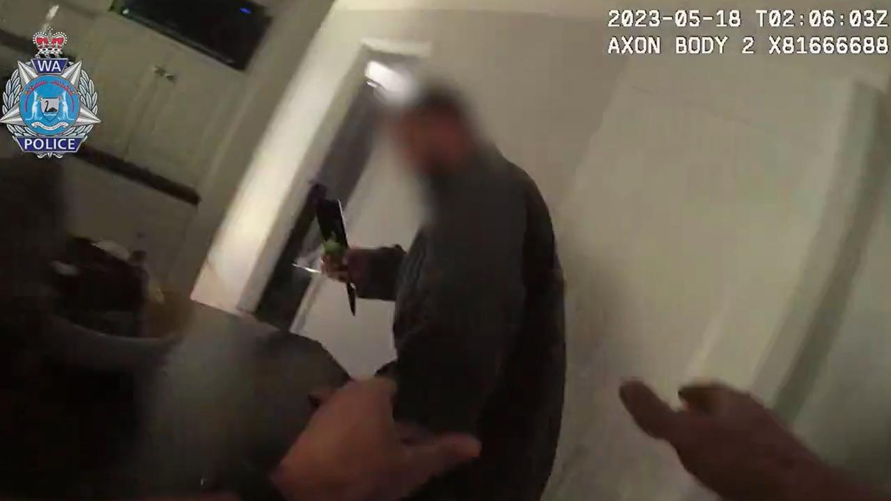 Footage of the search shows a police officer secure the home’s resident. WA Police.