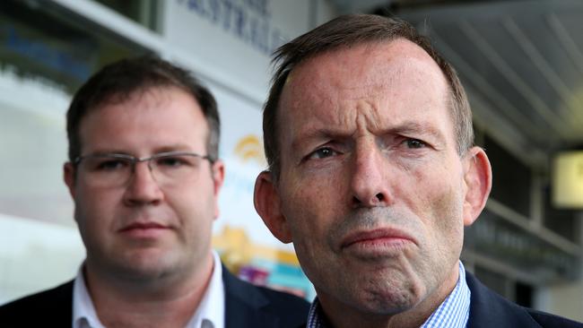 Tony Abbott is campaigning in the Liberal seat of Tangney, in Perth's south, at Brentwood shopping Centre with Liberal candidate Ben Morton. Picture: Colin Murty.