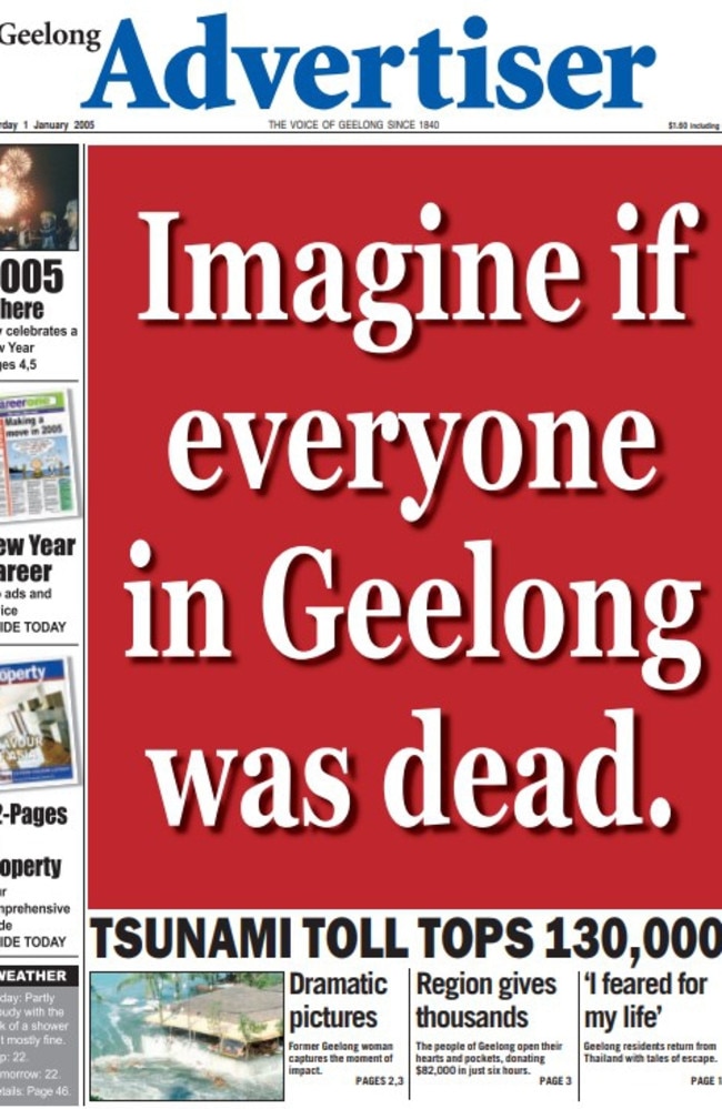 Geelong Advertiser New Years Day 2005 front page, which featured Ms Davis’ images.