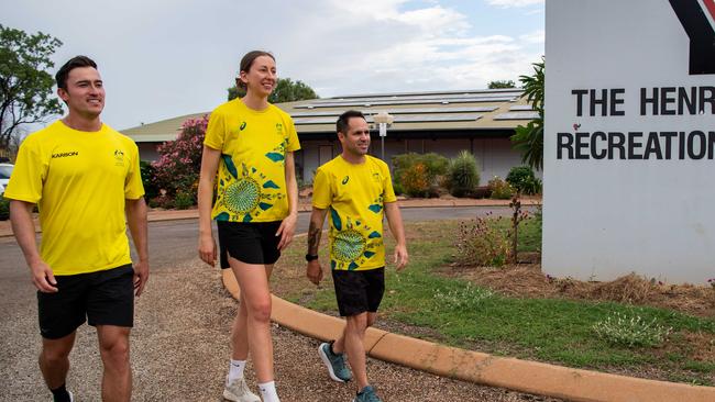 Nick Timmings, Natalie Burton and Brad Hore as Olympians run training drills with Katherine kids at the YMCA as part of Olympics Unleashed program. Picture: Pema Tamang Pakhrin