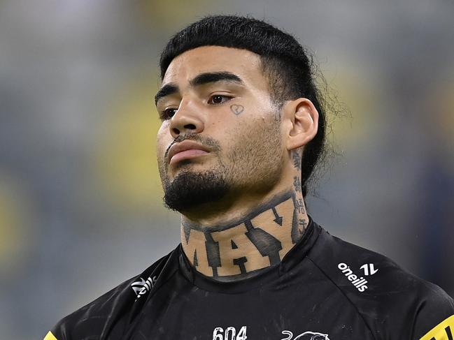 TOWNSVILLE, AUSTRALIA - APRIL 27: Taylan May of the Panthers looks on before the start of the round eight NRL match between North Queensland Cowboys and Penrith Panthers at Qld Country Bank Stadium, on April 27, 2024, in Townsville, Australia. (Photo by Ian Hitchcock/Getty Images)