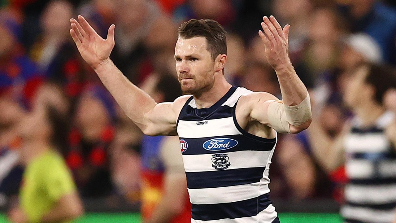 Geelong’s Patrick Dangerfield celebrates his early goal. Picture: Michael Klein
