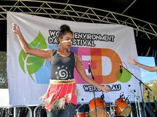 Jacquie Sandy performs a traditional welcome dance at the World Environment Day Festival at Cotton Tree Park. Picture: Warren Lynam