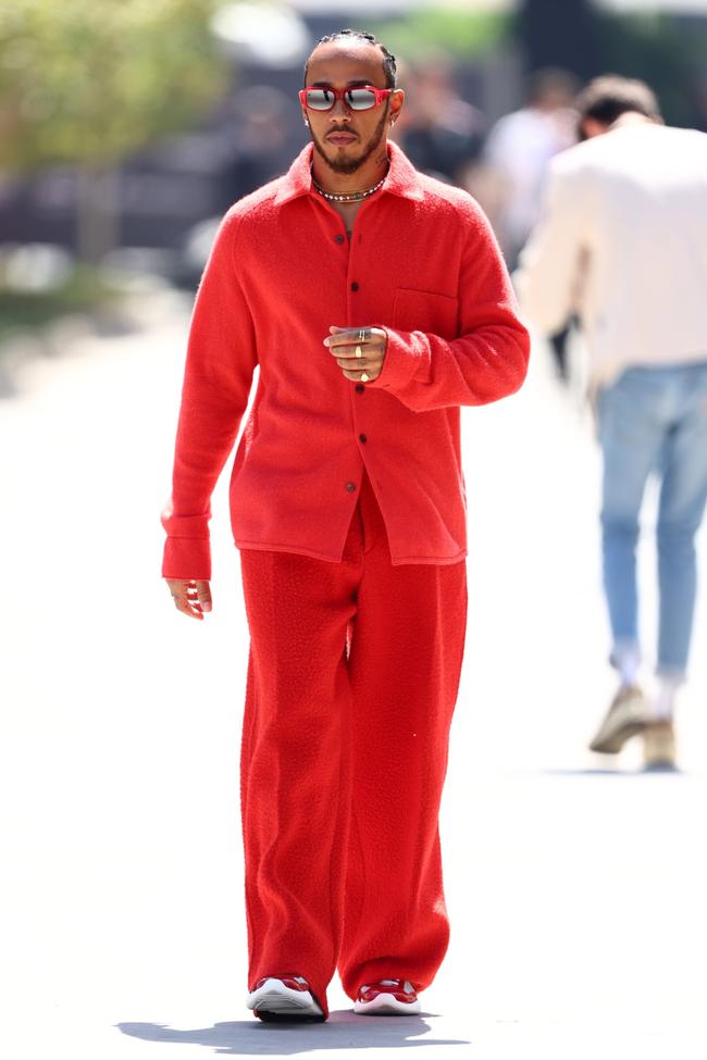 Lewis Hamilton wears Zegna x The Elder Statesman at the Bahrain Grand Prix.