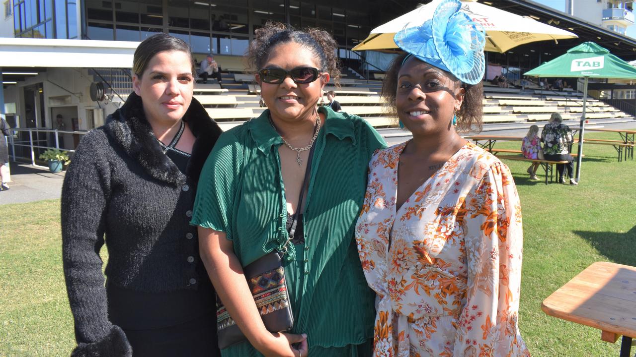 Annette Wosomo, Shania Clora and Erin Revell at the 2023 Rockhampton Girls Grammar 21st Race Day.