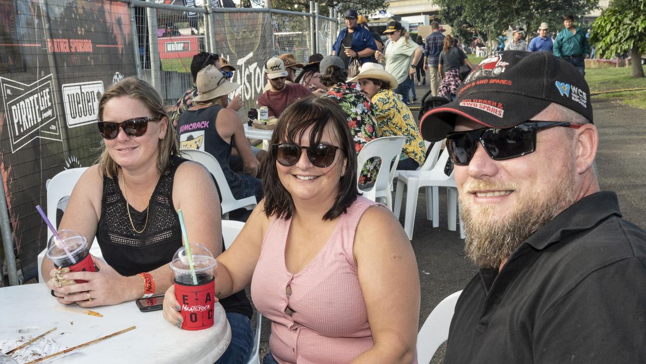 (from left) Kas Nolan, Jaimee McCombe and Sam Nolan at Meatstock, Toowoomba Showgrounds. Friday, April 8, 2022. Picture: Nev Madsen.