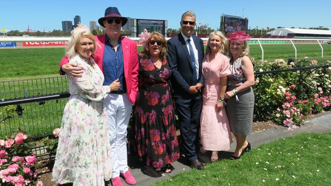 Leigh, Geoff, Leanne, Ann, Kim and Helen at the 2024 Crown Oaks Day, held at Flemington Racecourse. Picture: Gemma Scerri