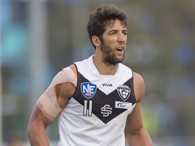 Alex Aurrichio during his NEAFL debut for the Southport Sharks. Picture credit: TJ Yelds, NEAFL.