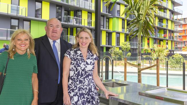 Grocon national construction manager Peter Ward with Gold Coast Deputy Mayor Donna Gates and Commonwealth Games Minister Kate Jones.