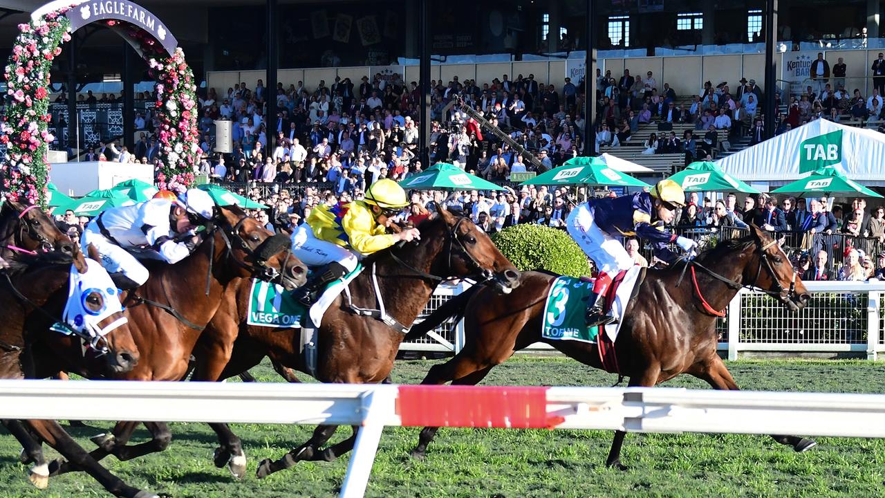 Tofane wins last year’s Stradbroke Handicap at Eagle Farm. Photo: Grant Peters/Trackside Photography.