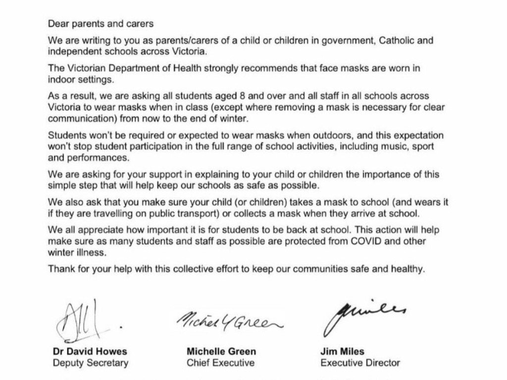 The letter sent to parents regarding mask wearing in Victorian schools.