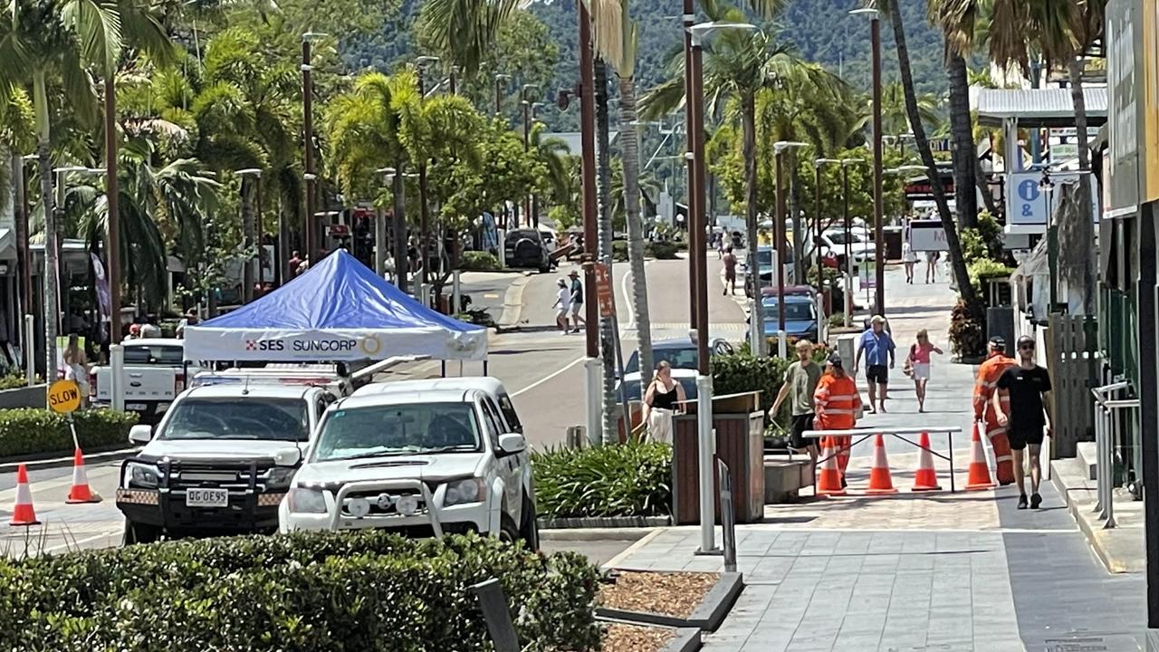 The party strip at Airlie Beach where SES workers help at the scene where a man in his 30s was shot overnight. PHOTO: Janessa Ekert