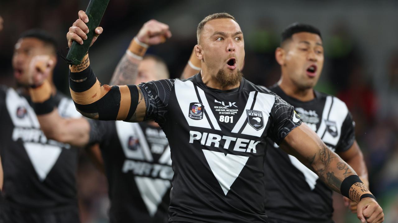 Australia v New Zealand - Penrith's James Fisher-Harris leads the haka. Picture: NRL Photos