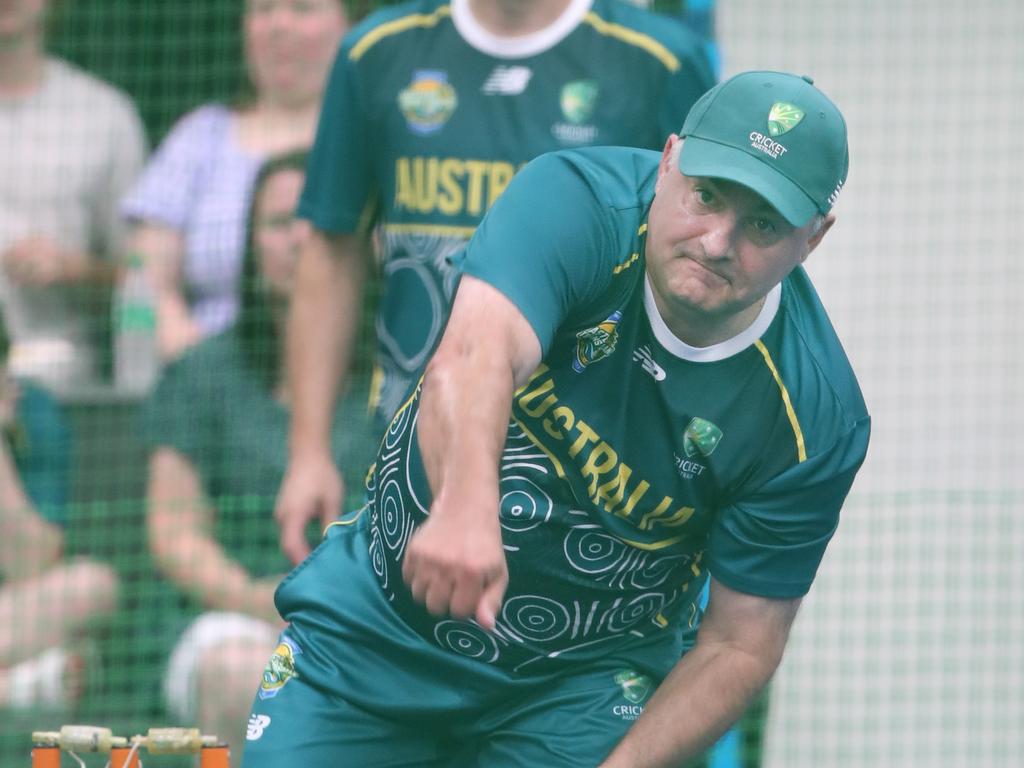 The Trans Tasman trophy for indoor cricket is being played on the Gold Coast at Ashmore. Australia v New Zealand Mens 40s .Aussie Tode Biracoski bowling. Picture Glenn Hampson