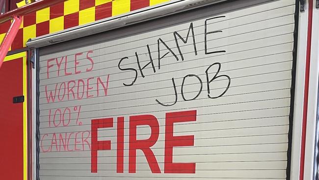 NT Firefighters have been writing slogans on their fire trucks as part of a protected industrial action during ongoing EBA negotiations. Picture: Supplied