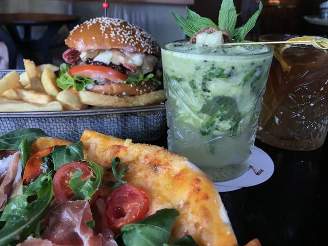 Grain Bar’s Grain Burger, pizza and Kiwi Ginger Smash cocktail.