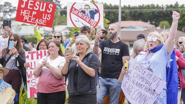 Anti Vaxxer protesters gather outside Greg Hunt’s electoral office in Somerville. Picture: Wayne Taylor