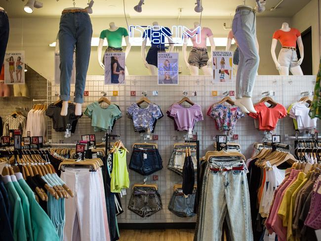 Clothing on display inside a store in New York.