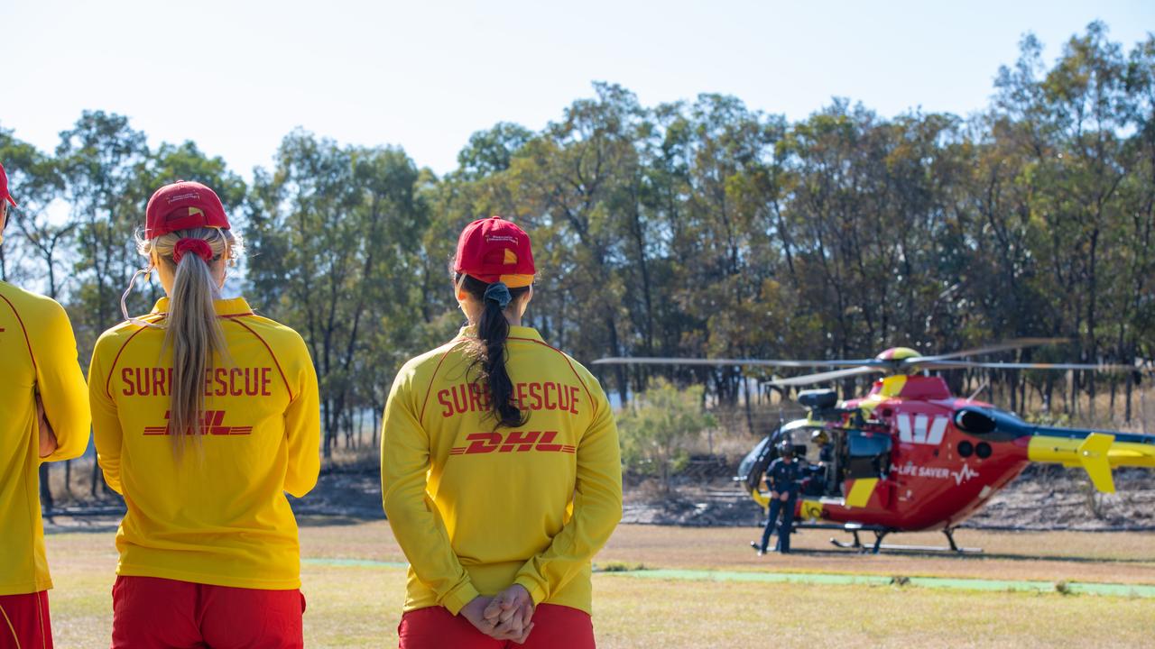 SLSQ surf life savers and Westpac rescue helicopter staff talk with Mount Whitestone State School students, kicking off Beach to Bush 2020. PHOTO: ALI KUCHEL