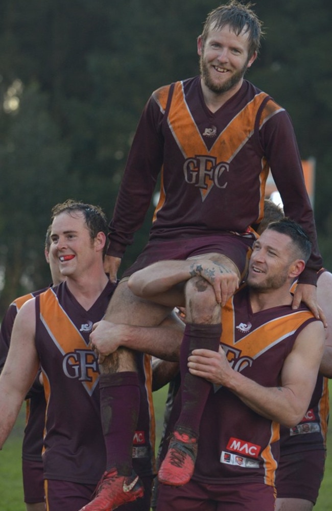 Brodie Foster is chaired off by Glencoe teammates after kicking his 100th goal for 2019 in the Mid South Eastern Football League against Kongorong on Saturday. Picture: Naomi Mitchell