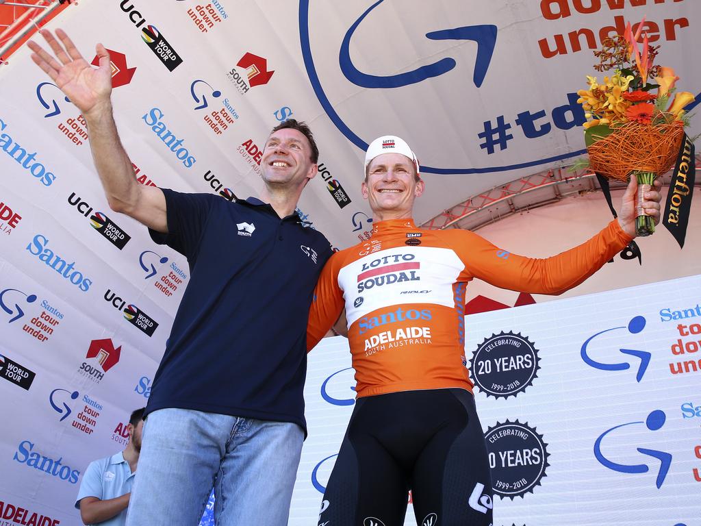 German champion Jens Voight and stage winner and ochre jersey Andre Greipel. Picture Sarah Reed