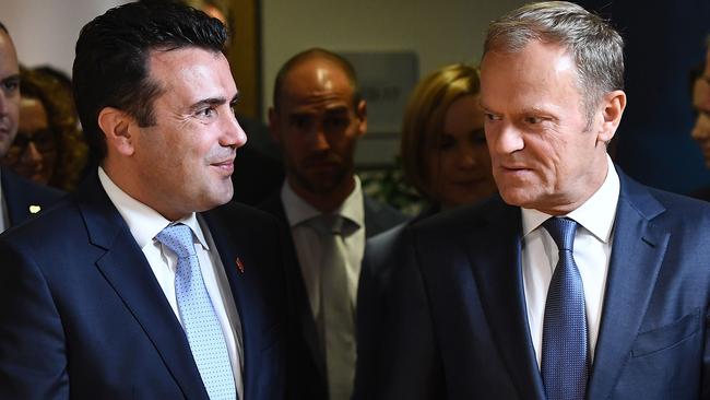 Macedonia’s prime minister Zoran Zaev (left) with European Council President Donald Tusk at the European Council in Brussels last year. An end to the impasse could see his country move closer to the EU. Picture: AFP Photo/Emmanuel Dunand