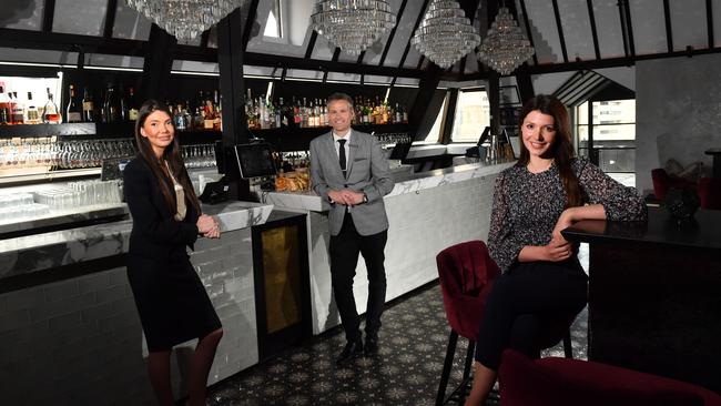 Mayfair Hotel business development manager Imogen Christie, general manager Michael Collis and executive assistant Nicole Doak in the Hennessy Rooftop Bar. Picture: Keryn Stevens