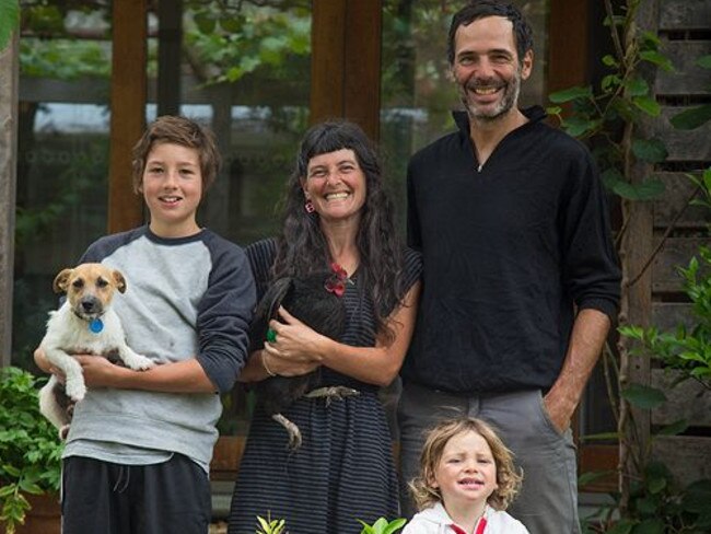 ‘Neo-peasants’ Meg and Patrick with their children Zephr (left) and Blackwood.