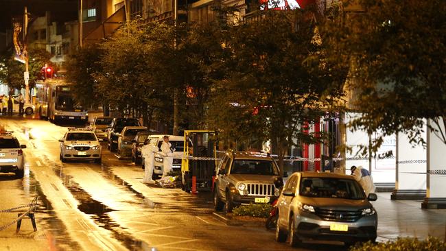 Police set up a crime scene at the fatal stabbing location in Bondi Junction. Picture: Steve Tyson