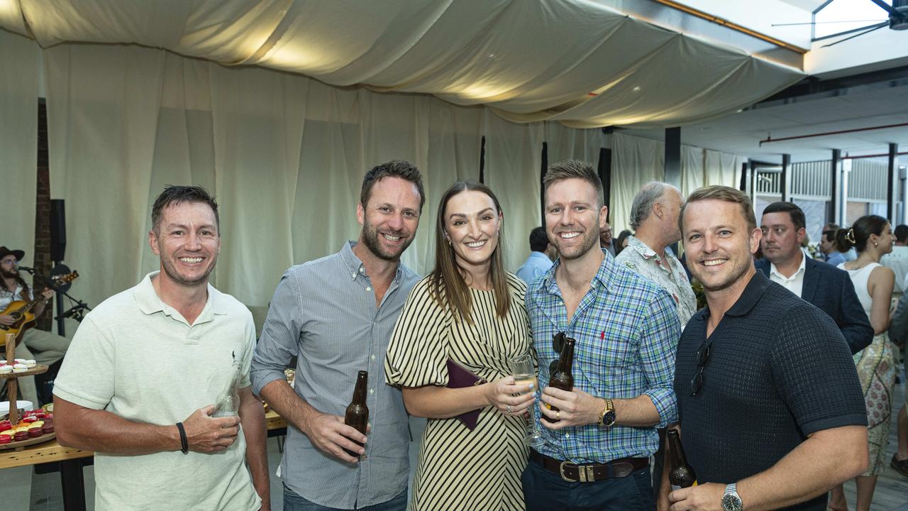 At the Patterson &amp; Co Family Law opening function are (from left) Matt Kelly, Tom Haydock, Jessica Haydock, Dave Hinrichsen and Matt Hawkins at the Rowes Building, Friday, February 7, 2025. Picture: Kevin Farmer