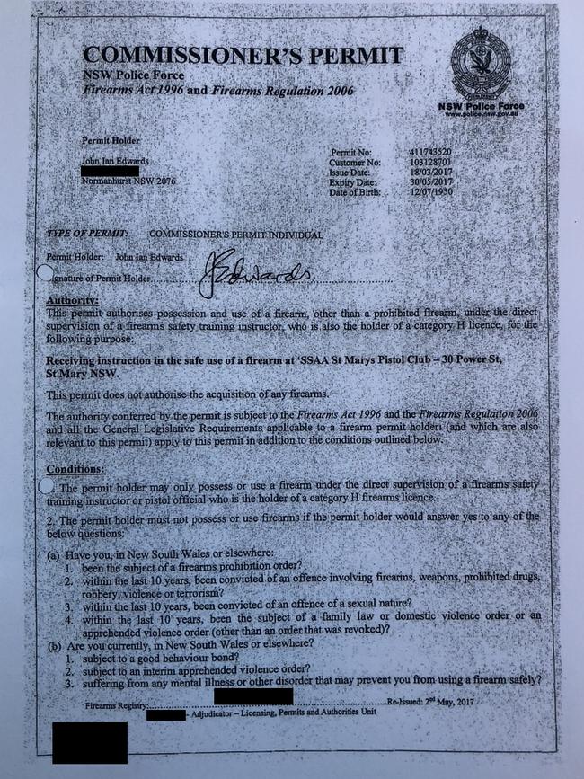 The Firearms Registry agreed to reissue Edwards’ Commissioner’s Permit, allowing him to do safety training at St Marys Pistol Club. Supplied: NSW Coroner's Court