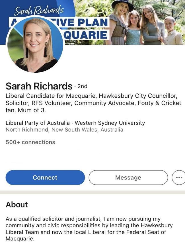 Ms Richards’ LinkedIn page claiming she is a “qualified solicitor” before inquiries from The Daily Telegraph.