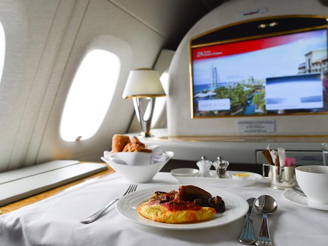 Dubai, United Arab Emirates - March 31, 2015: Emirates Airbus A380 first class private suite interior. Emirates is one of two flag carriers of the United Arab Emirates along with Etihad Airways and is based in Dubai.