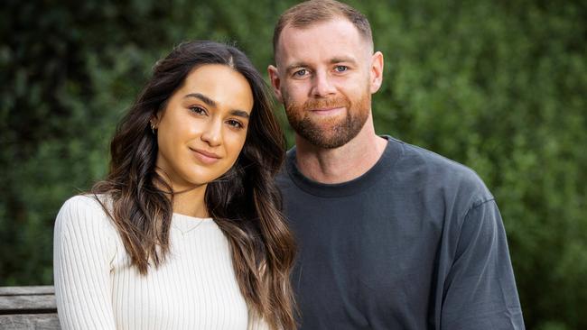 Former Carlton co-captain Sam Docherty beat cancer and has returned to the AFL, with the support of his wife Natalie. Picture: Mark Stewart