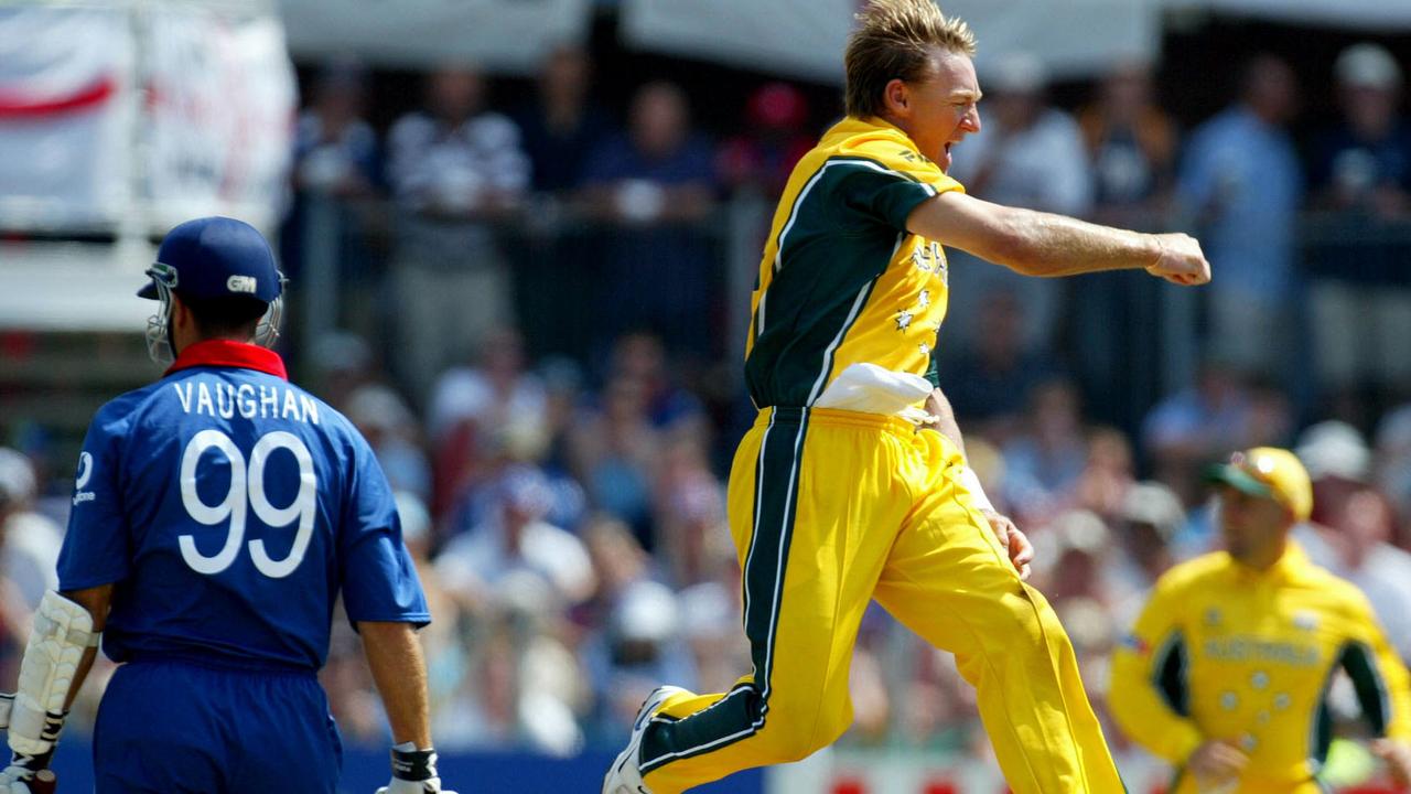 Andy Bichel celebrates after dismissing Michael Vaughan in the 2003 World Cup. Picture: Phil Hillyard.