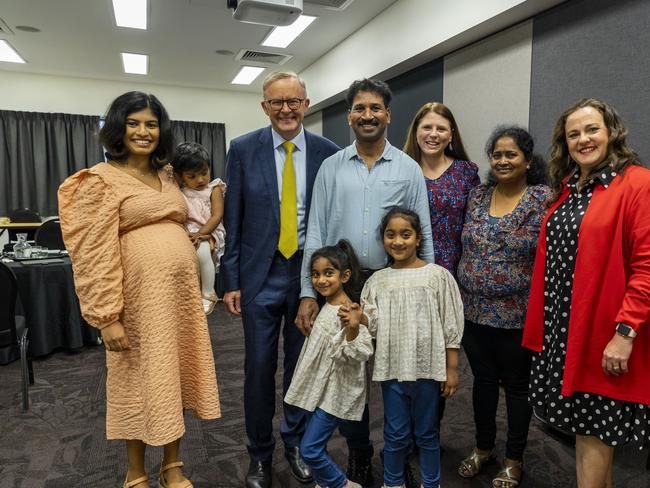 PM Anthony Albanese with Nadesalingam family who recently arrived back in Biloela, in Gladstone today. Picture: Supplied PMO