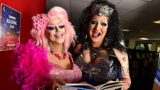 Join drag queens Petra Fiedwood (left) and Anita Service for some adult-only fun with Townsville City Libraries Up Late: Adult Storytime. PICTURE: MATT TAYLOR.