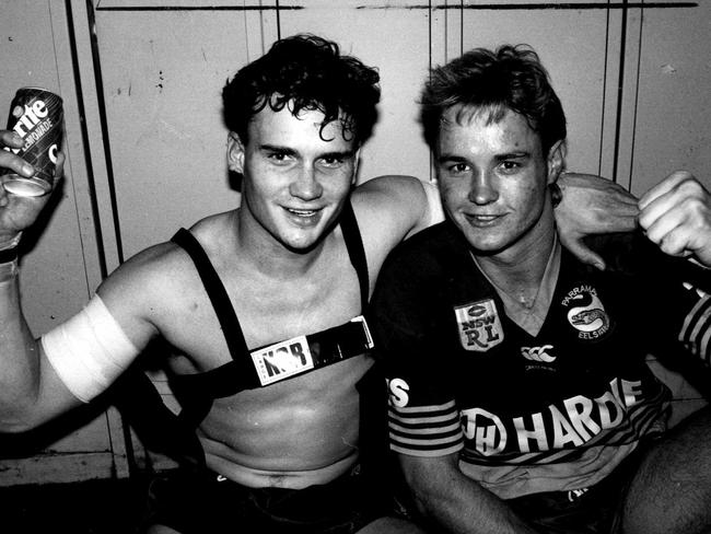 Glen Liddiard (L) and Scott Mahon (R) celebrate a Parramatta victory in 1991. Picture: Angelo Soulos