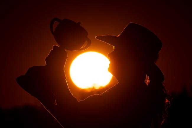 The 2022 Lexus Melbourne Cup Tour in Cloncurry, Queensland. Emmie O’Brien with the Cup. Picture: Jay Town