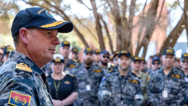 Chief of Navy, Vice Admiral Mark Hammond speaks to personnel from the Australian Submarine Force during a visit to Fleet Base West and HMAS Stirling in Rockingham, Western Australia.