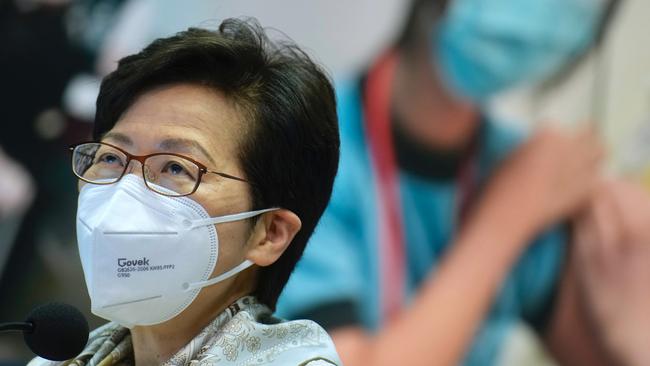 Hong Kong Chief Executive Carrie Lam has said the tolerance of Covid restrictions was fading. (Photo by Vincent Yu – Pool/Getty Images)