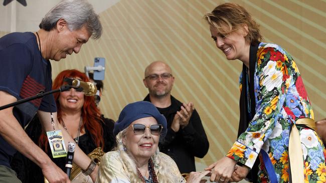 Brandi Carlile introduces Joni Mitchell for a special Joni Jam at the 2022 Newport Folk Festival at Fort Adams State Park on Sunday. Picture: Getty Images