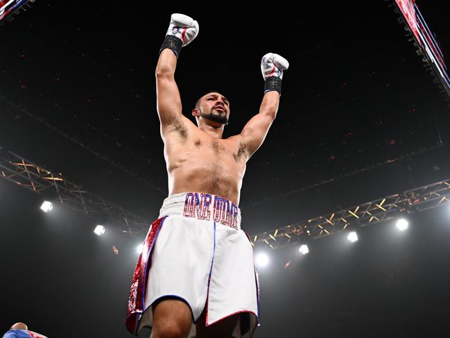 Keith Thurman celebrates his win over Brock Jarvis at the No Limit boxing event at the Hordern Paviliion on March 12, 2025. Picture: Grant Trouville