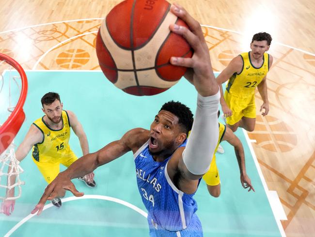 LILLE, FRANCE - AUGUST 02: Giannis Antetokounmpo #34 of Team Greece drives to the basket during the Men's Group Phase - Group A match between Team Australia and Team Greece on day seven of the Olympic Games Paris 2024 at Stade Pierre Mauroy on August 02, 2024 in Lille, France. (Photo by Pool/Getty Images)