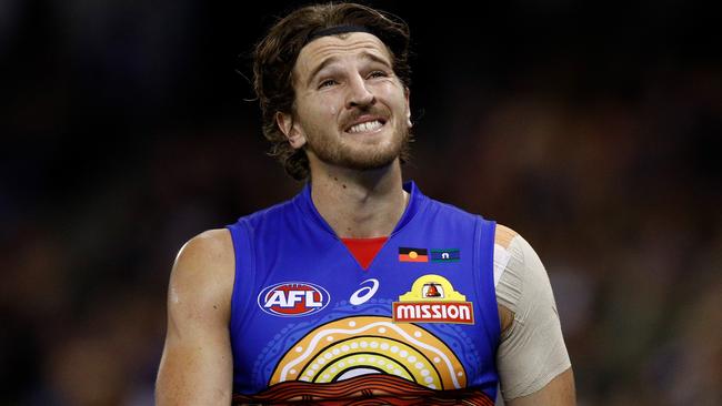 MELBOURNE, AUSTRALIA - MAY 25: Marcus Bontempelli of the Bulldogs reacts during the 2019 AFL round 10 match between the Western Bulldogs and the North Melbourne Kangaroos at Marvel Stadium on May 25, 2019 in Melbourne, Australia. (Photo by Daniel Pockett/AFL Media/Getty Images)
