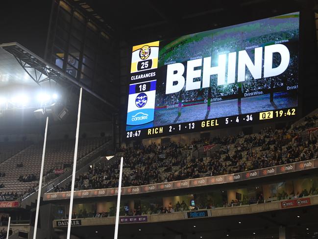 A score review is displayed on s stadium screen during the Round 12 AFL match between the Richmond Tigers and the Geelong Cats at MCG in Melbourne, Friday, June 7, 2019. (AAP Image/Julian Smith) NO ARCHIVING, EDITORIAL USE ONLY