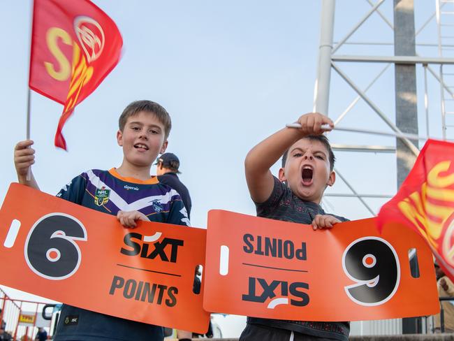 Enzo Pilkington and Jett West at the Gold Coast Suns vs Geelong Cats Round 10 AFL match at TIO Stadium. Picture: Pema Tamang Pakhrin